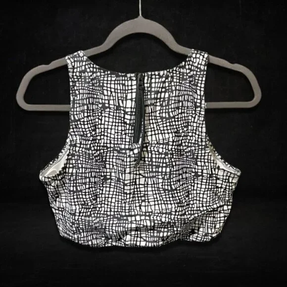 High-Neck Crop Bikini Top Zipper Back Bold Graphic Print Black White Women's 12 - Picture 2 of 2